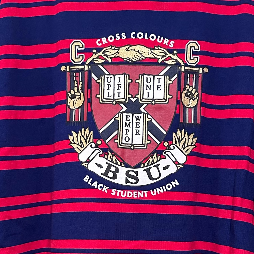 Cross Colours BSU Black Student Union Striped Polo Shirt Sz L Ya Dig Red Blue